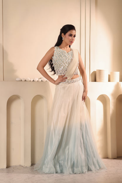 Ivory and Pastel Blue Fish Scale Draped Lehenga Set