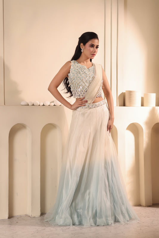 Ivory and Pastel Blue Fish Scale Draped Lehenga Set