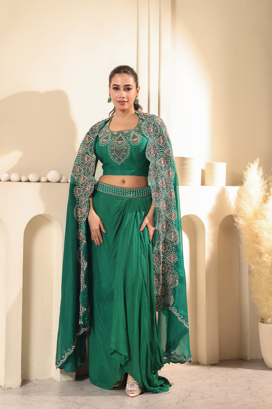 Emerald Green Draped Lehenga Set