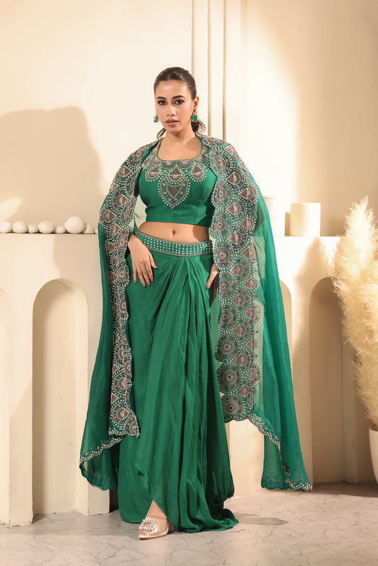 Emerald Green Draped Lehenga Set