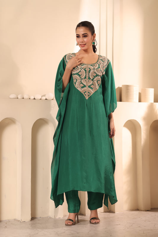 Emerald Green Russian Silk Kaftan Set